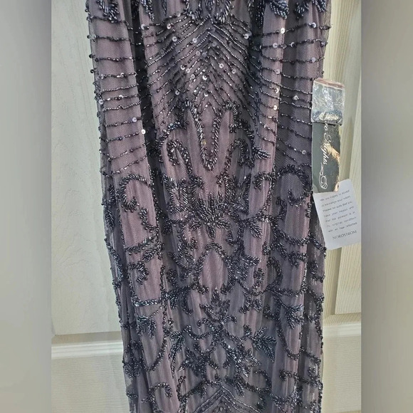 PISARRO NIGHTS 14 Beaded Mesh Column Gown Slate NWT - Picture 8 of 16